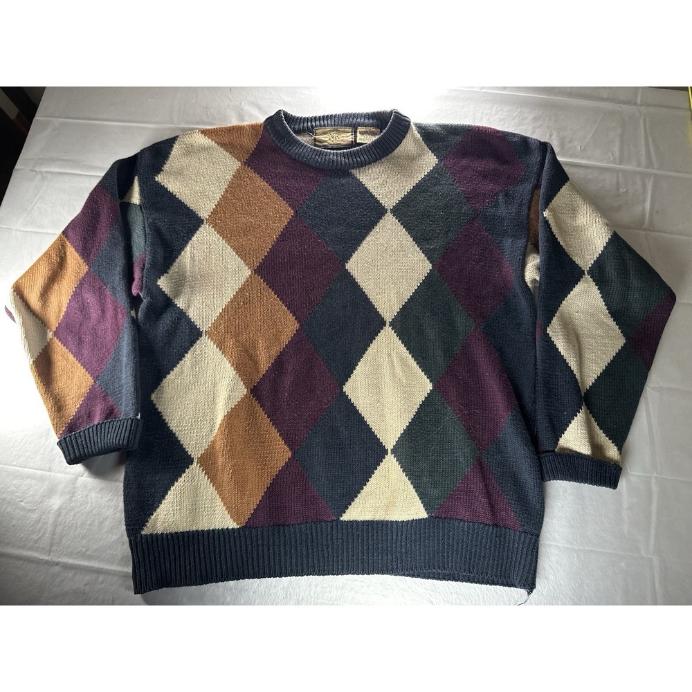 Martin River Men's Large Navy Argyle Sweater Ramie Cotton Vintage Pullover